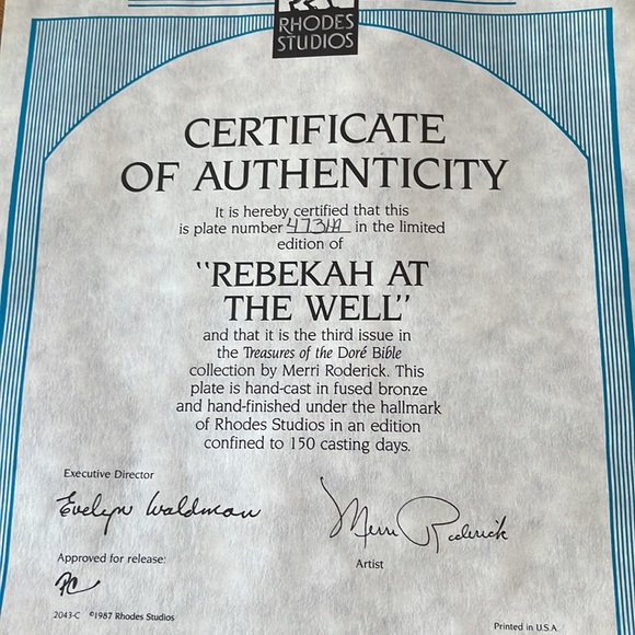 Rhodes Studios “Rebekah at the Well” Bronze Plate - Picture 3 of 3